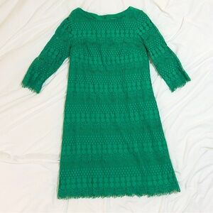 Eliza J Green Lace Shift Dress, Fringe Hem, 3/4 Sleeves